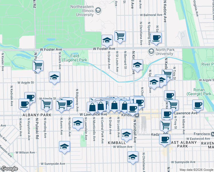 map of restaurants, bars, coffee shops, grocery stores, and more near 4941 North Drake Avenue in Chicago