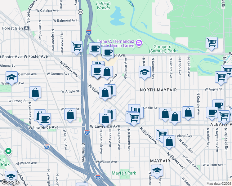 map of restaurants, bars, coffee shops, grocery stores, and more near 4950 North Kilpatrick Avenue in Chicago
