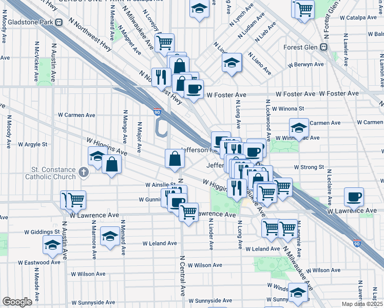map of restaurants, bars, coffee shops, grocery stores, and more near 5616 West Goodman Street in Chicago
