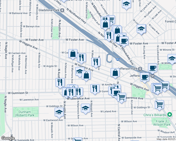 map of restaurants, bars, coffee shops, grocery stores, and more near 5747 West Higgins Avenue in Chicago