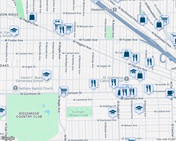 map of restaurants, bars, coffee shops, grocery stores, and more near 4943 North Melvina Avenue in Chicago