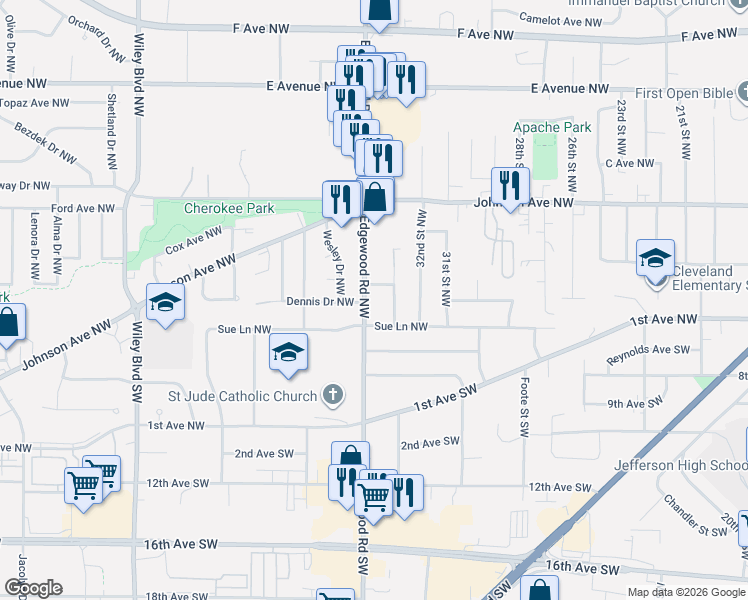 map of restaurants, bars, coffee shops, grocery stores, and more near 109 Edgewood Road Northwest in Cedar Rapids