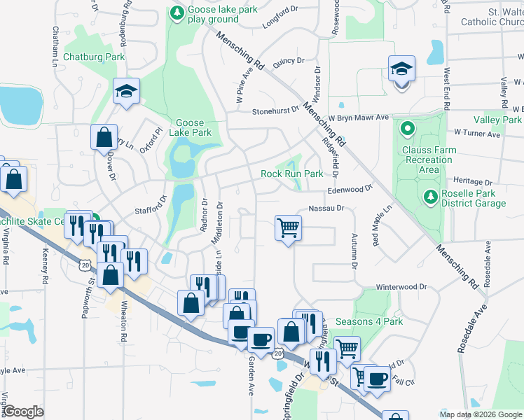 map of restaurants, bars, coffee shops, grocery stores, and more near 621 South Garden Avenue in Roselle