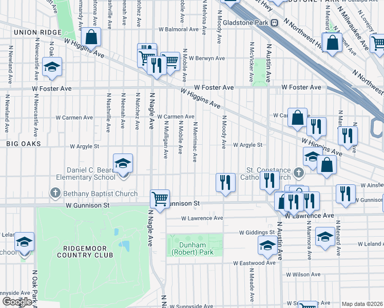 map of restaurants, bars, coffee shops, grocery stores, and more near 4942 North Merrimac Avenue in Chicago