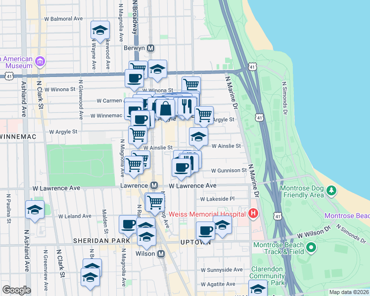 map of restaurants, bars, coffee shops, grocery stores, and more near 1111 West Ainslie Street in Chicago
