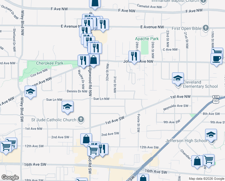 map of restaurants, bars, coffee shops, grocery stores, and more near 118 31st Street Northwest in Cedar Rapids