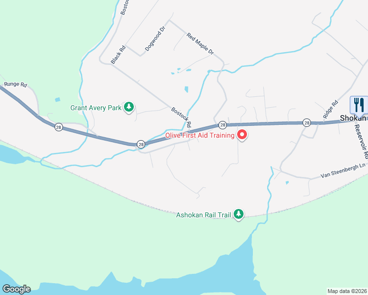 map of restaurants, bars, coffee shops, grocery stores, and more near 36 Longyear Road in Shokan