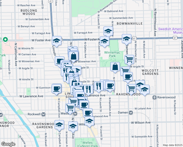 map of restaurants, bars, coffee shops, grocery stores, and more near 4932 North Bell Avenue in Chicago
