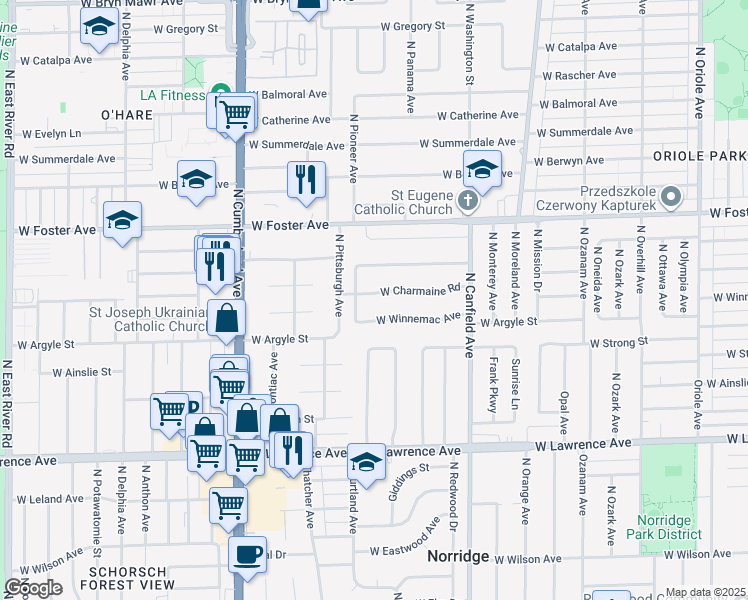 map of restaurants, bars, coffee shops, grocery stores, and more near 8133 West Charmaine Road in Norridge