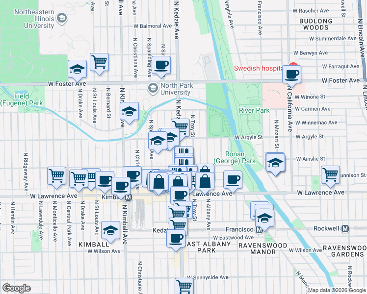 map of restaurants, bars, coffee shops, grocery stores, and more near 4941 North Kedzie Avenue in Chicago