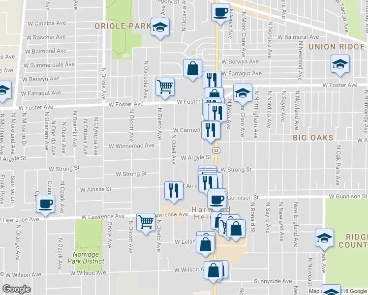 map of restaurants, bars, coffee shops, grocery stores, and more near 5030 North Octavia Avenue in Chicago