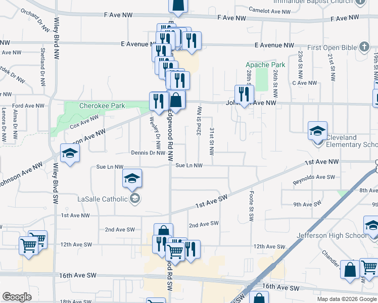 map of restaurants, bars, coffee shops, grocery stores, and more near 109 Patricia Lane Northwest in Cedar Rapids