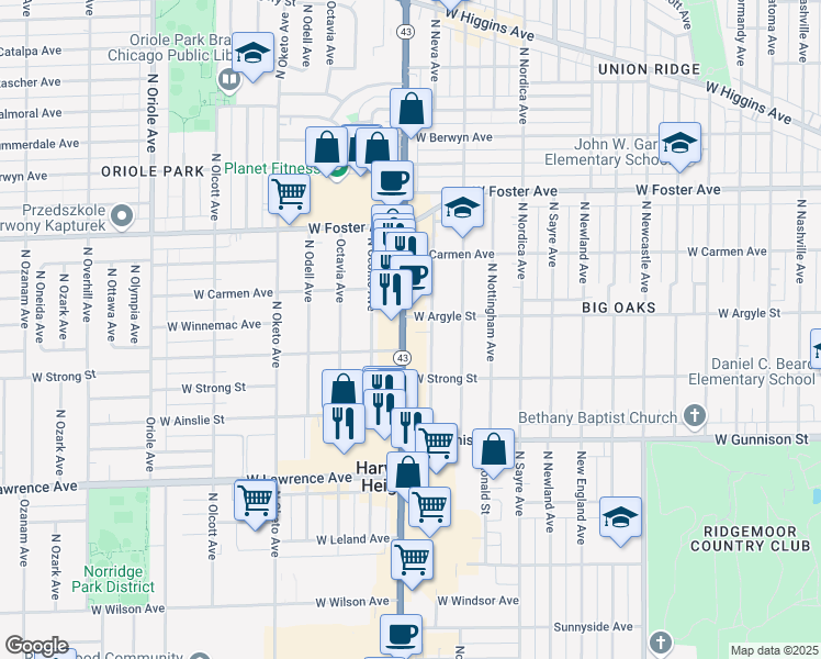 map of restaurants, bars, coffee shops, grocery stores, and more near 4951 Illinois 43 in Harwood Heights