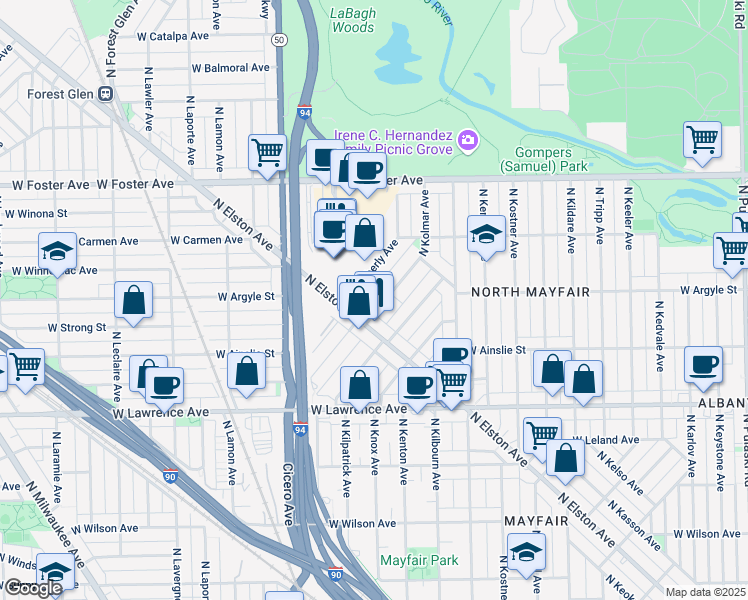map of restaurants, bars, coffee shops, grocery stores, and more near 4976 North Kolmar Avenue in Chicago