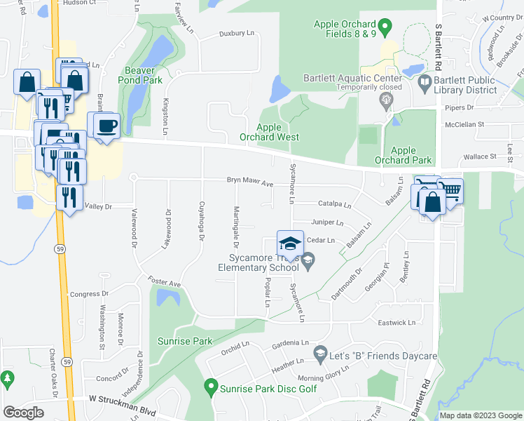 map of restaurants, bars, coffee shops, grocery stores, and more near 779 Willow Court in Bartlett
