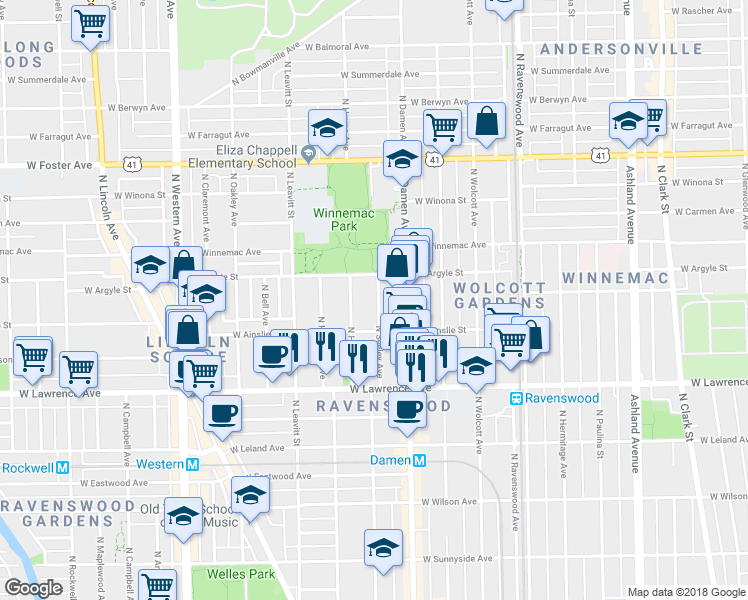 map of restaurants, bars, coffee shops, grocery stores, and more near 4932 N Seeley Ave in Chicago