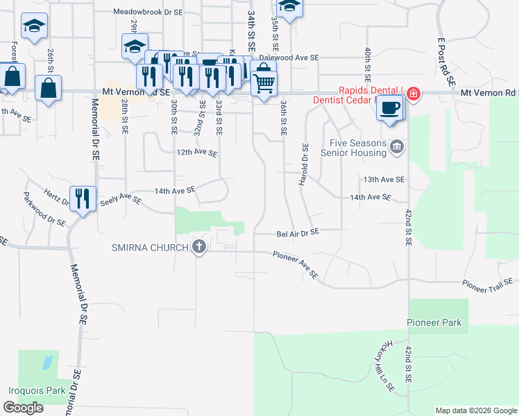 map of restaurants, bars, coffee shops, grocery stores, and more near 1339 34th Street Southeast in Cedar Rapids
