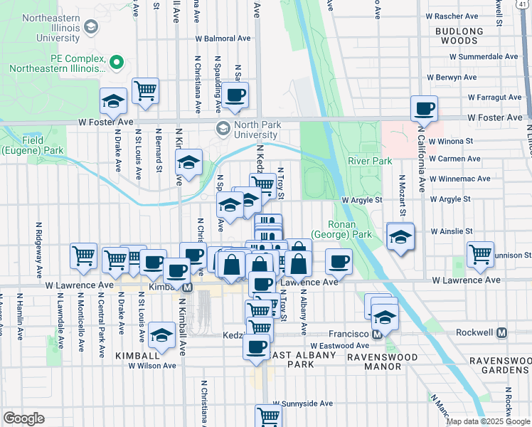map of restaurants, bars, coffee shops, grocery stores, and more near 4941 North Kedzie Avenue in Chicago