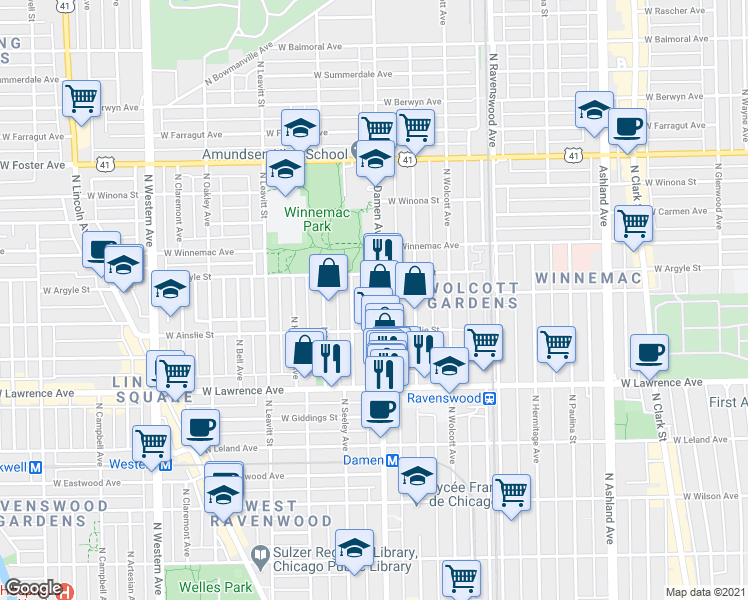 map of restaurants, bars, coffee shops, grocery stores, and more near 4932 North Damen Avenue in Chicago