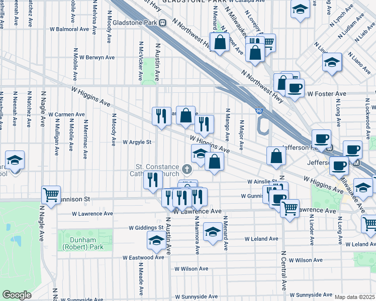 map of restaurants, bars, coffee shops, grocery stores, and more near 4943 North Marmora Avenue in Chicago