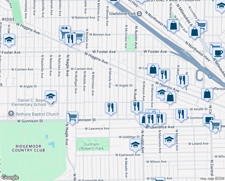 map of restaurants, bars, coffee shops, grocery stores, and more near 4943 North Moody Avenue in Chicago