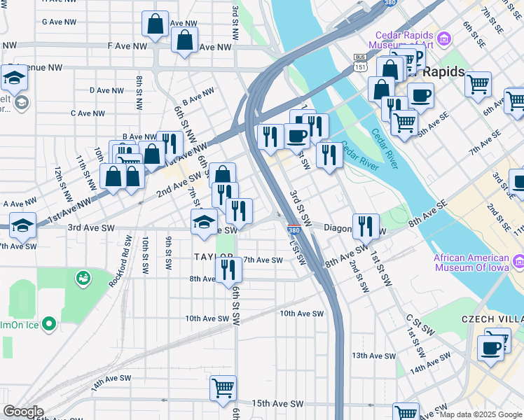 map of restaurants, bars, coffee shops, grocery stores, and more near 418 4th Street Southwest in Cedar Rapids