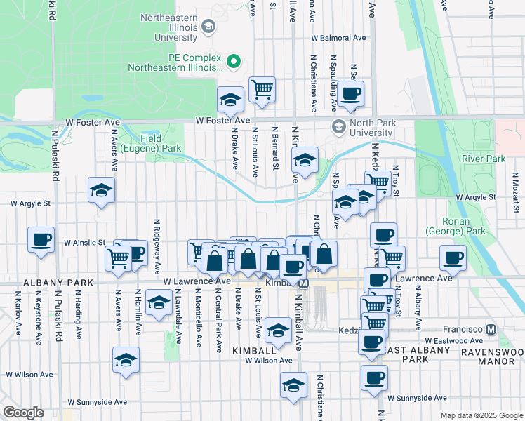 map of restaurants, bars, coffee shops, grocery stores, and more near 4941 North Saint Louis Avenue in Chicago