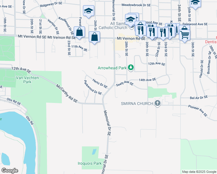 map of restaurants, bars, coffee shops, grocery stores, and more near 1411 Memorial Drive Southeast in Cedar Rapids