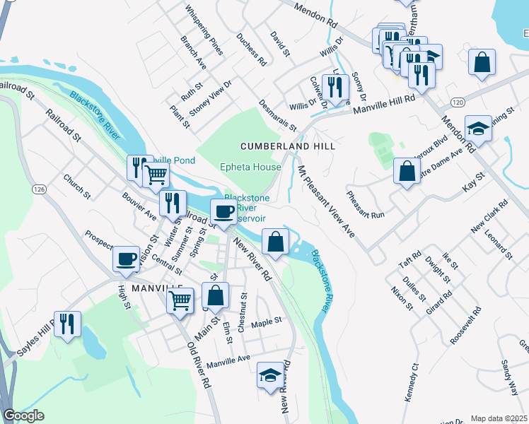 map of restaurants, bars, coffee shops, grocery stores, and more near 1 Flat Street in Cumberland