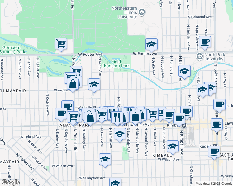 map of restaurants, bars, coffee shops, grocery stores, and more near 4946 North Ridgeway Avenue in Chicago