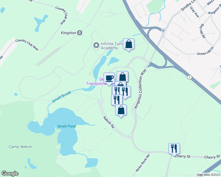 map of restaurants, bars, coffee shops, grocery stores, and more near 101 Independence Mall Way in Kingston