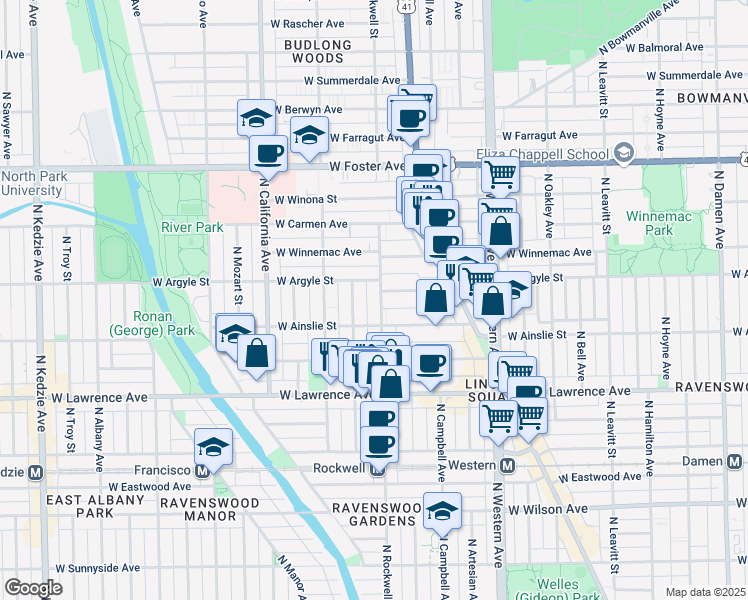 map of restaurants, bars, coffee shops, grocery stores, and more near 4926 North Rockwell Street in Chicago