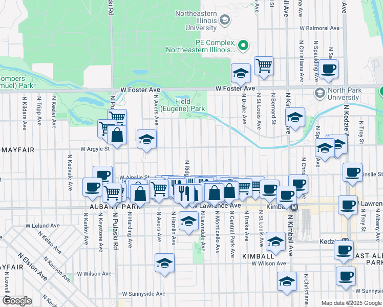map of restaurants, bars, coffee shops, grocery stores, and more near 4949 North Ridgeway Avenue in Chicago