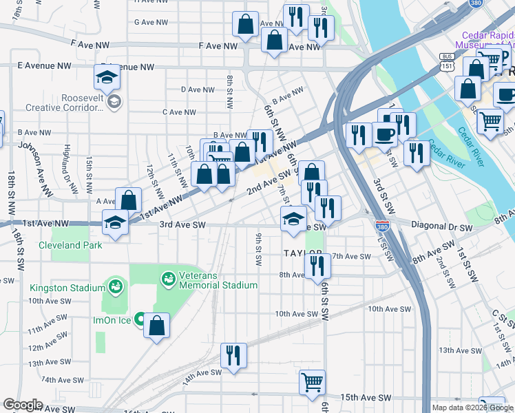 map of restaurants, bars, coffee shops, grocery stores, and more near 814 3rd Avenue Southwest in Cedar Rapids