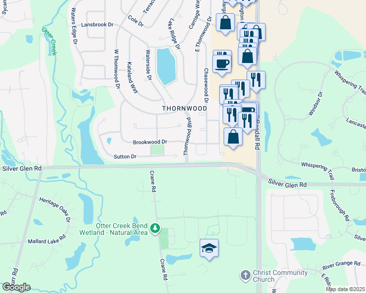 map of restaurants, bars, coffee shops, grocery stores, and more near 2111 Brookwood Drive in South Elgin