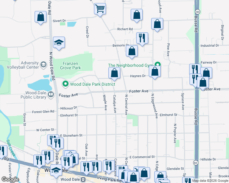 map of restaurants, bars, coffee shops, grocery stores, and more near 6N379 Catalpa Avenue in Wood Dale