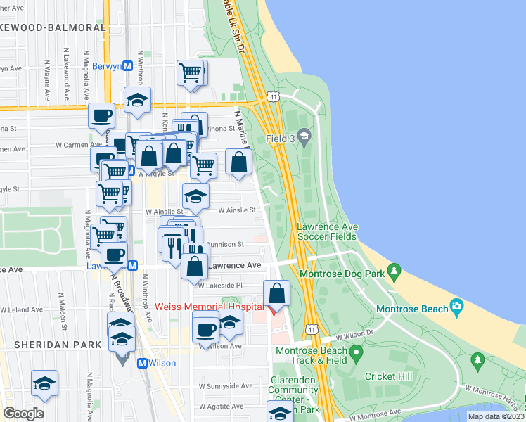 map of restaurants, bars, coffee shops, grocery stores, and more near 4890 North Marine Drive in Chicago