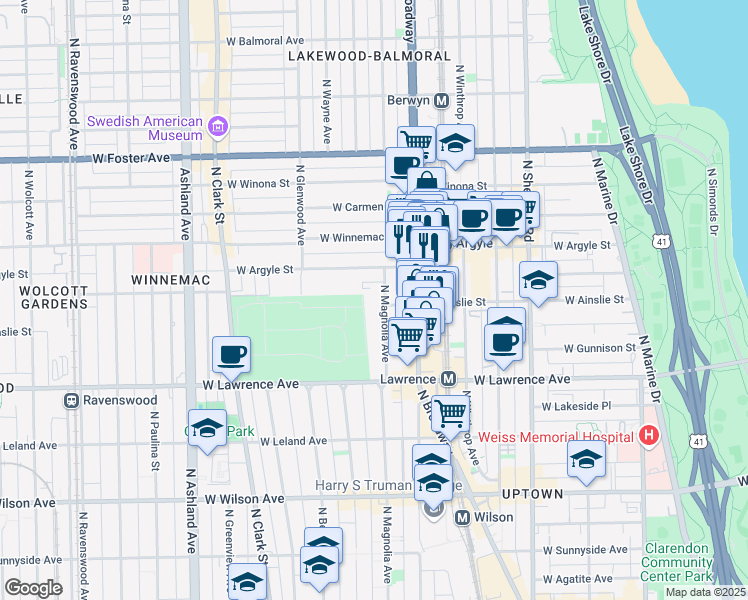 map of restaurants, bars, coffee shops, grocery stores, and more near 4886 North Magnolia Avenue in Chicago