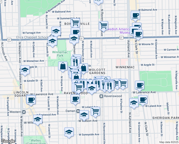 map of restaurants, bars, coffee shops, grocery stores, and more near 4926 North Wolcott Avenue in Chicago
