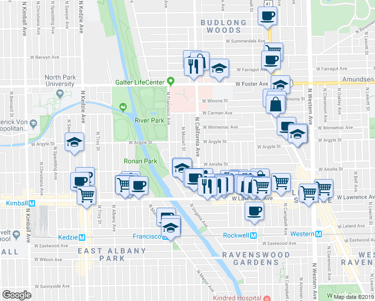 map of restaurants, bars, coffee shops, grocery stores, and more near 4924 North California Avenue in Chicago