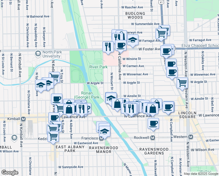 map of restaurants, bars, coffee shops, grocery stores, and more near 4926 North Mozart Street in Chicago