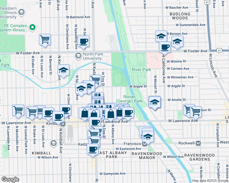 map of restaurants, bars, coffee shops, grocery stores, and more near 4940 North Albany Avenue in Chicago