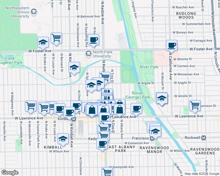 map of restaurants, bars, coffee shops, grocery stores, and more near 4941 North Kedzie Avenue in Chicago