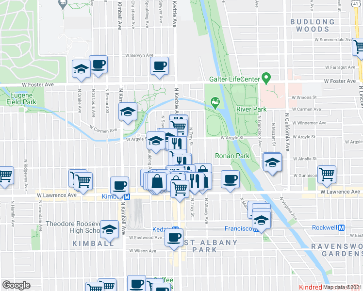 map of restaurants, bars, coffee shops, grocery stores, and more near 4941 North Kedzie Avenue in Chicago