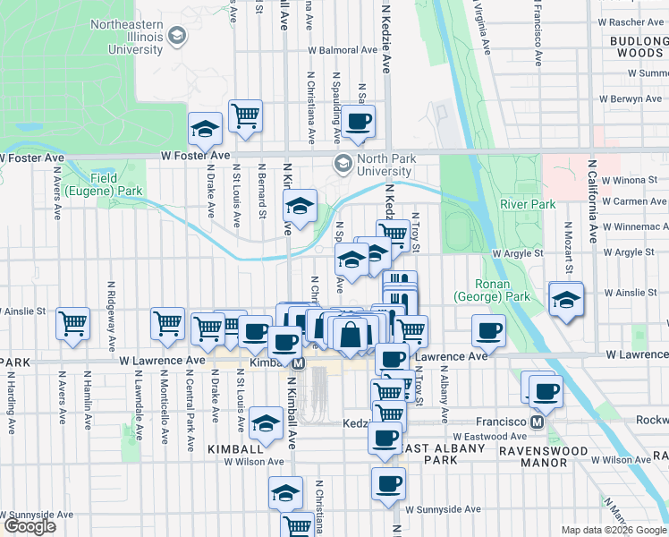 map of restaurants, bars, coffee shops, grocery stores, and more near 4934 North Spaulding Avenue in Chicago