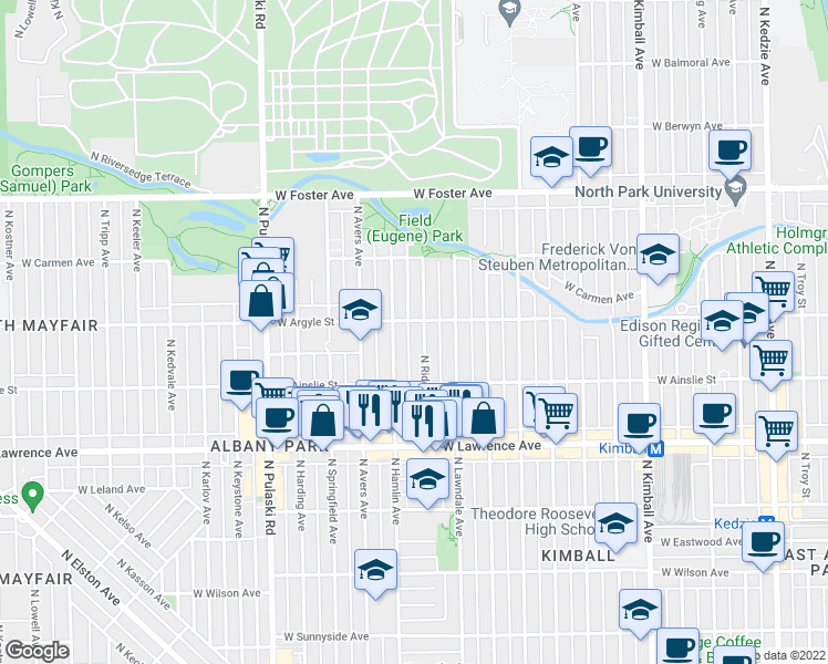 map of restaurants, bars, coffee shops, grocery stores, and more near 4947 North Hamlin Avenue in Chicago