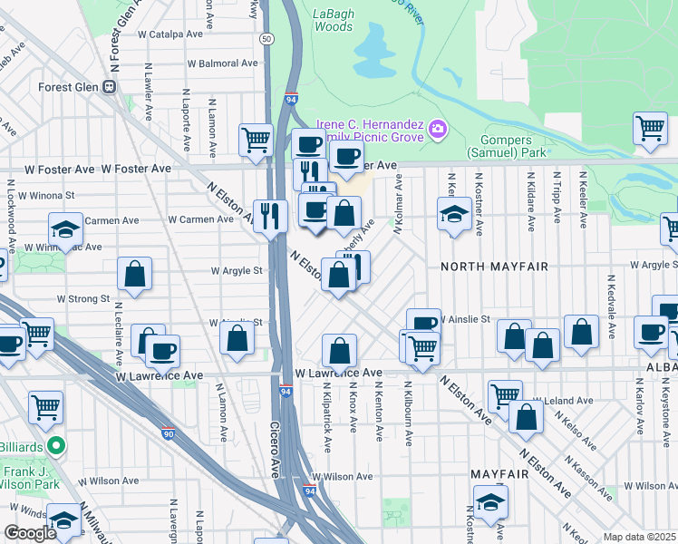 map of restaurants, bars, coffee shops, grocery stores, and more near 4976 North Kolmar Avenue in Chicago