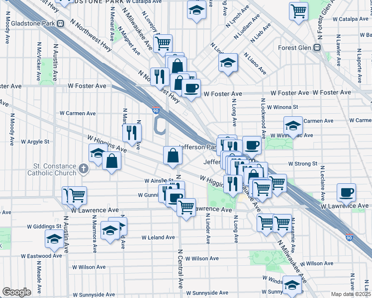 map of restaurants, bars, coffee shops, grocery stores, and more near 5616 West Goodman Street in Chicago