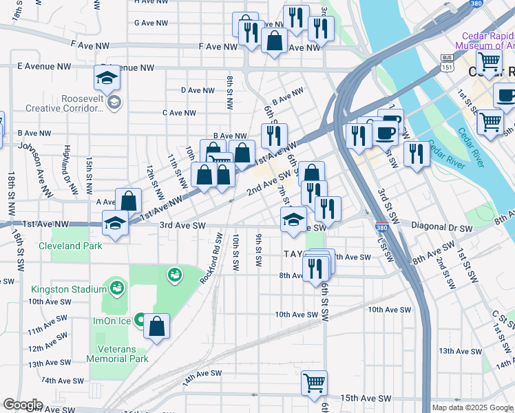 map of restaurants, bars, coffee shops, grocery stores, and more near 820 3rd Avenue Southwest in Cedar Rapids