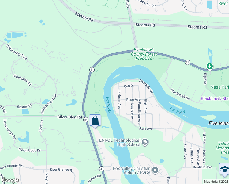 map of restaurants, bars, coffee shops, grocery stores, and more near 7N042 Jackson Avenue in St. Charles